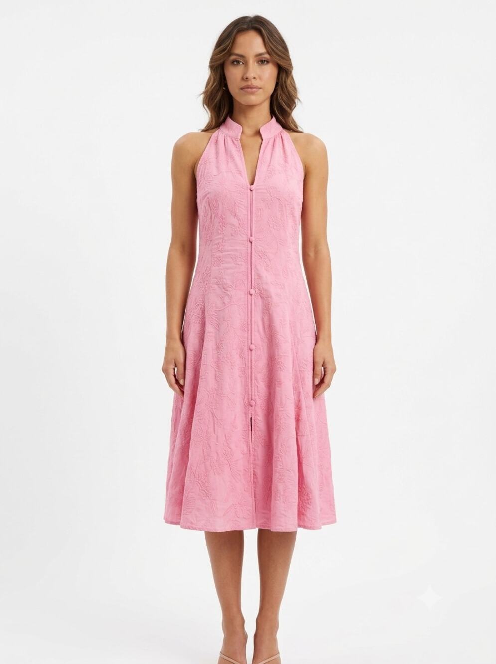 Eliza J A-Line Dress Women's 8 Pink Floral Embroidered Sleeveless Halter Neck